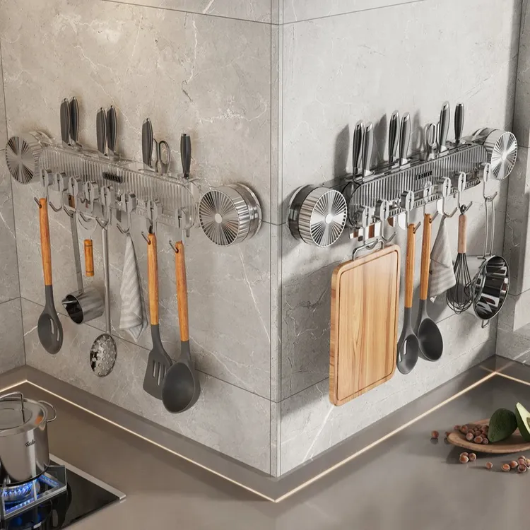 吉祥草吸盘联排挂钩刀架厨房置物架家用联排挂钩锅铲砧板收纳架