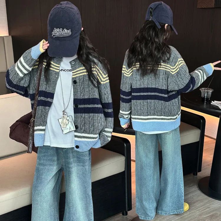 女童春秋款针织毛衣开衫外套女大儿童秋装牛仔阔腿裤两件套6-12岁