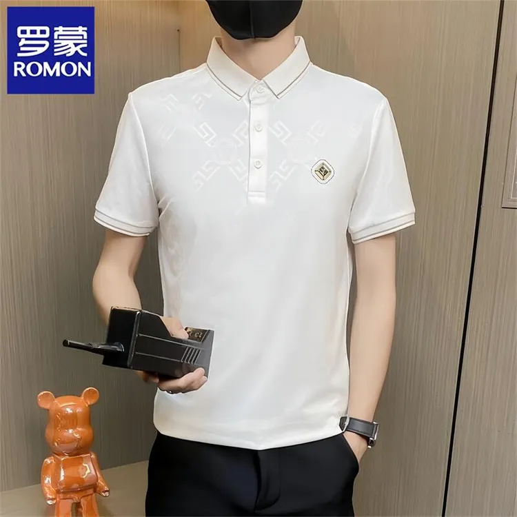 Romon/罗蒙夏季新款男士短袖t恤冰丝翻领Polo衫高档半袖打底衫潮T