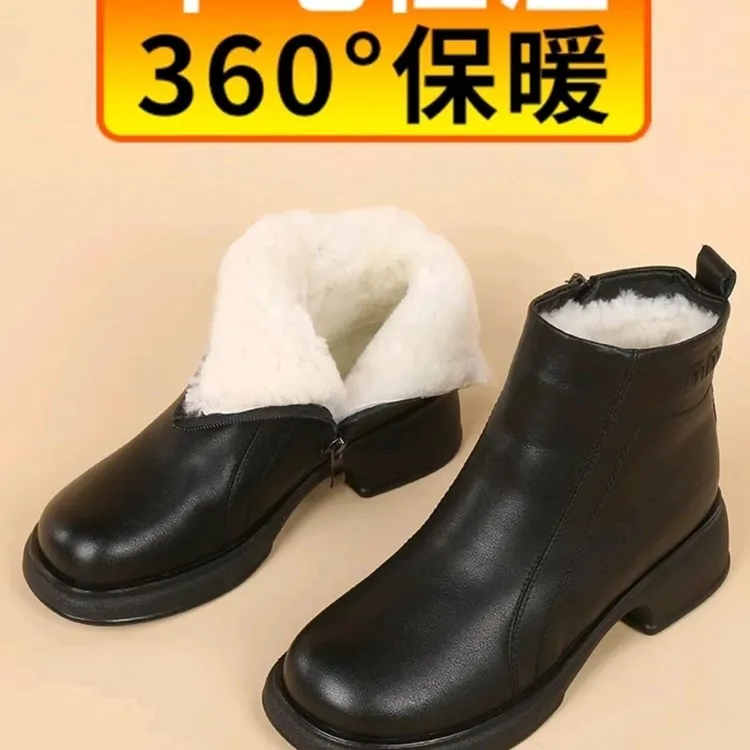 蜻蜓牌真皮加绒妈妈短靴204冬季平底保暖加厚中老年棉鞋软底棉靴