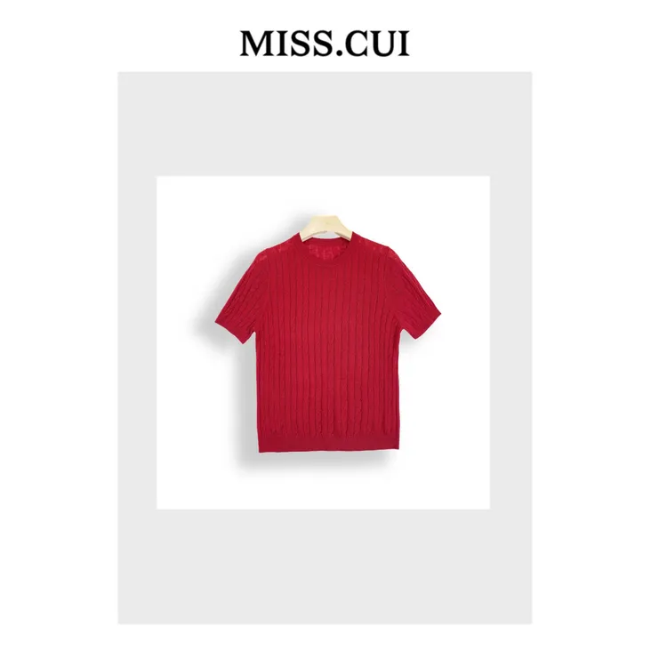 MISS.CUI 极简风穿搭 复古小马刺绣麻花套头圆领短袖毛针织衫912