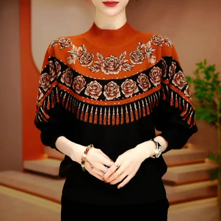 秋冬复古提花圆领毛针织衫女套头长袖保暖上衣百搭休闲半高领毛衣