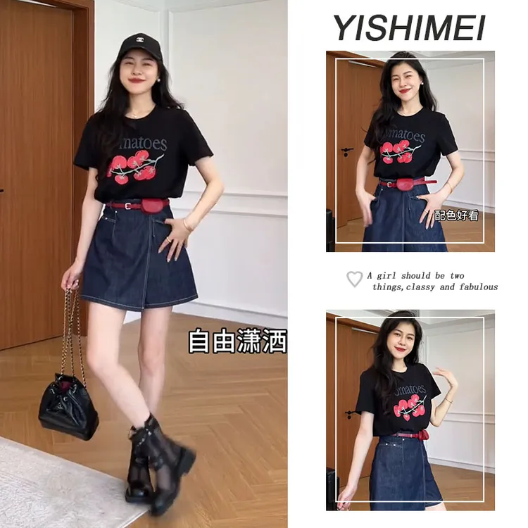 2025夏季女装新款时尚印花短袖上衣设计感高腰半身裙短裤裙套装