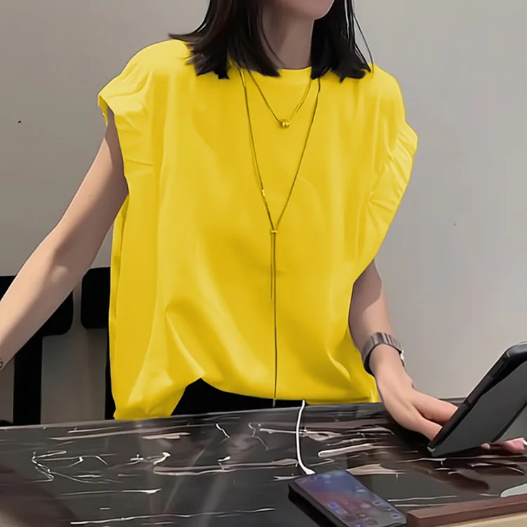 黄色小个子小飞袖t恤女2025夏季美式宽松时尚设计感褶皱潮流上衣