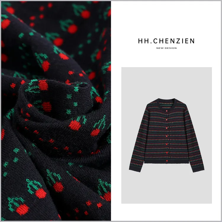 【黑黑家】秋季女款新款圆领花朵织法设计单排扣针织开衫上衣