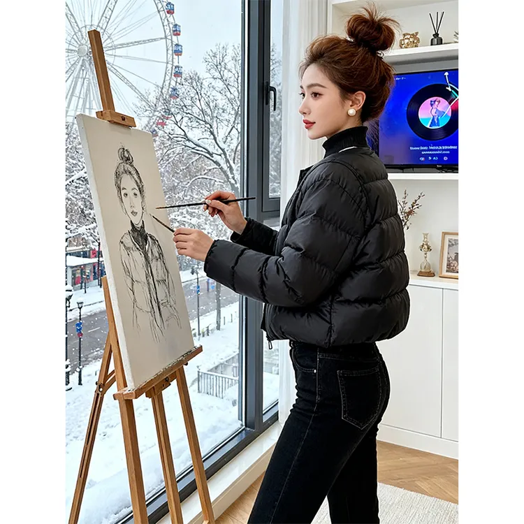 圆领加厚韩版女士棉衣外套女冬季2025新款复古百搭时尚宽松面包服