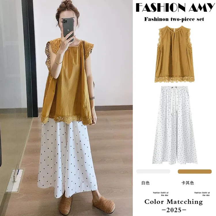 孕妇套装夏装新款时尚韩版小飞袖拼接蕾丝上衣休闲波点阔腿九分裤