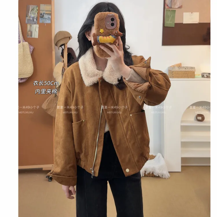 翻毛领麂皮绒外套女2025秋冬新款时尚百搭夹棉韩系时髦款