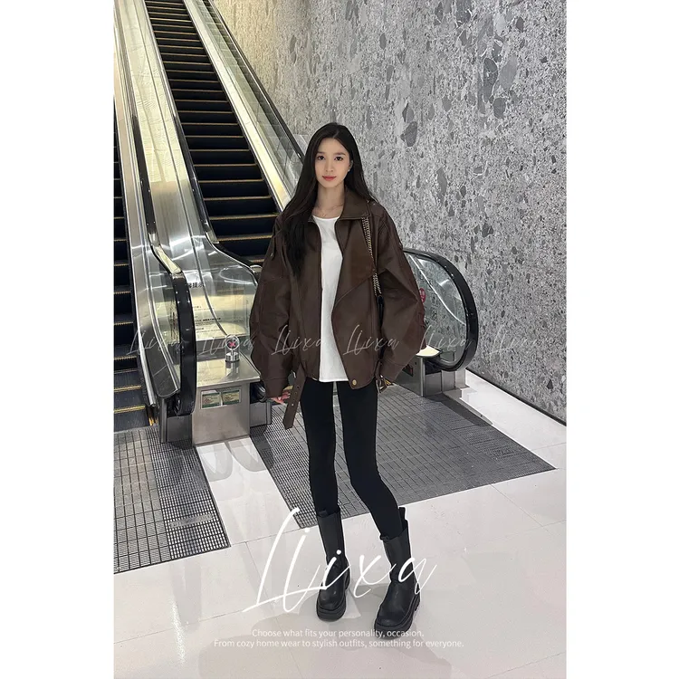 Liixu美式复古轻奢仿皮衣外套女秋季新款减龄通勤风上衣24PU137