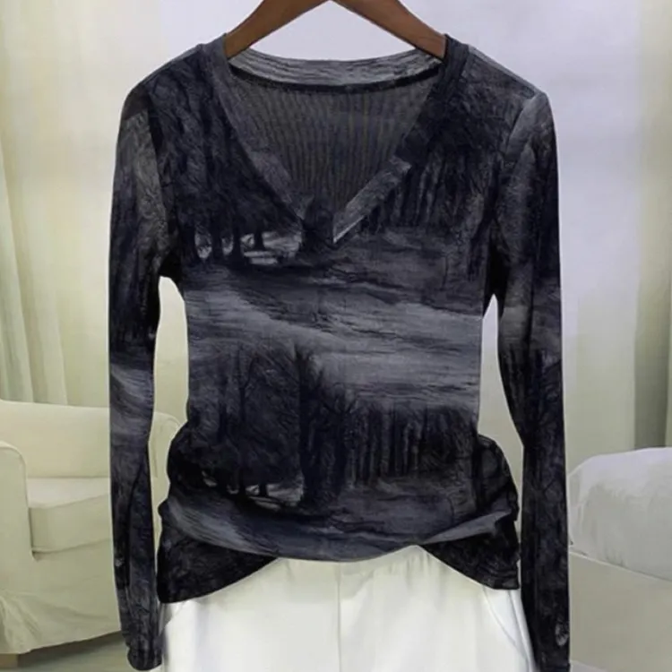 【长袖/短袖】洋气减龄v领扎染网纱女修身显 瘦上衣高档欧货A2146