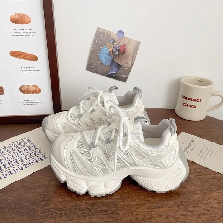 欧洲站网面厚底老爹鞋女2025春季新款增高透气圆头小众运动休闲鞋