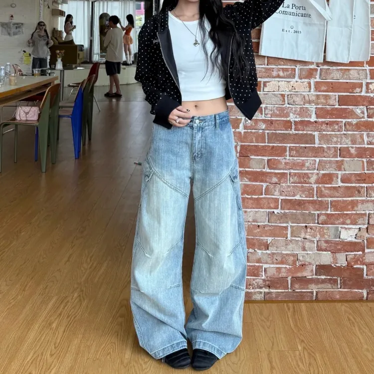 美式复古简约慵懒感牛仔裤女2025秋季高腰显瘦遮胯高个子阔腿裤子