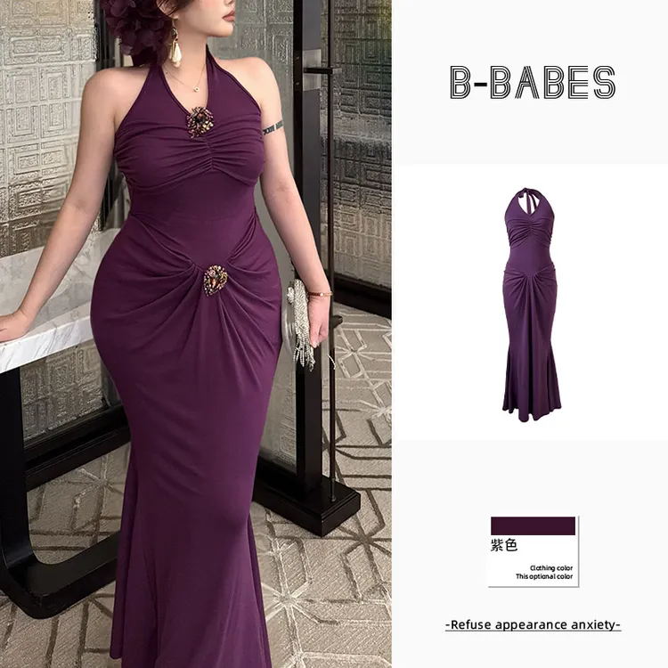 B-babes【祁祁紫衿】长裙V领常规纯色系带连衣裙性感长款修身鱼尾裙