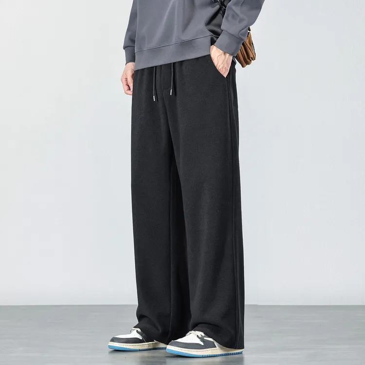 宽松直筒针织休闲裤男士2025秋冬新款潮流百搭抽绳松紧腰弹力卫裤