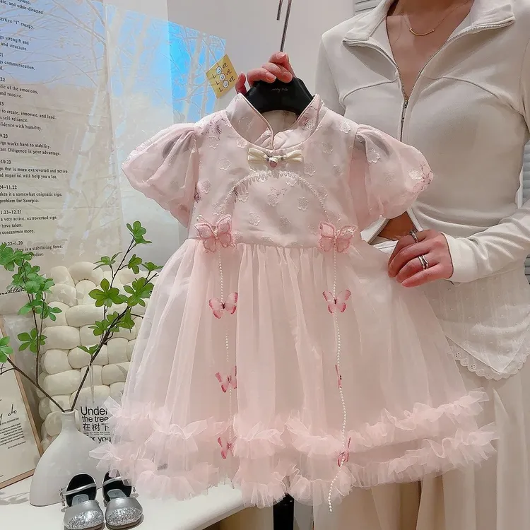 女童洋气短袖网纱中式薄款夏季连衣裙女宝宝新款公主裙子夏装