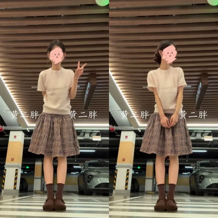 温柔粉圆领马海毛针织衫女秋季新款软糯毛织多少上衣+格纹裙套装