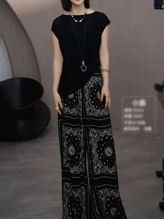 高级时尚气质女神套装2025夏季新款时尚显瘦百搭上衣+印花阔腿裤