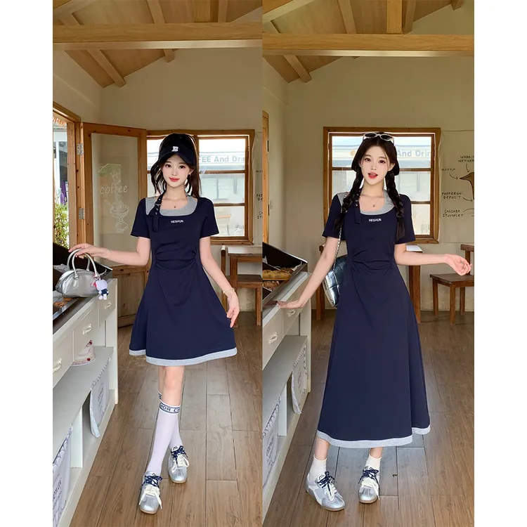 长2025夏季款胖mm大码纯欲假两件拼接连衣裙长短款显瘦A字裙64643