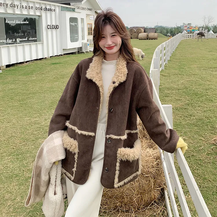 咖色复古两面穿麂皮绒羊羔毛外套女2025冬季保暖加厚皮毛一体外套