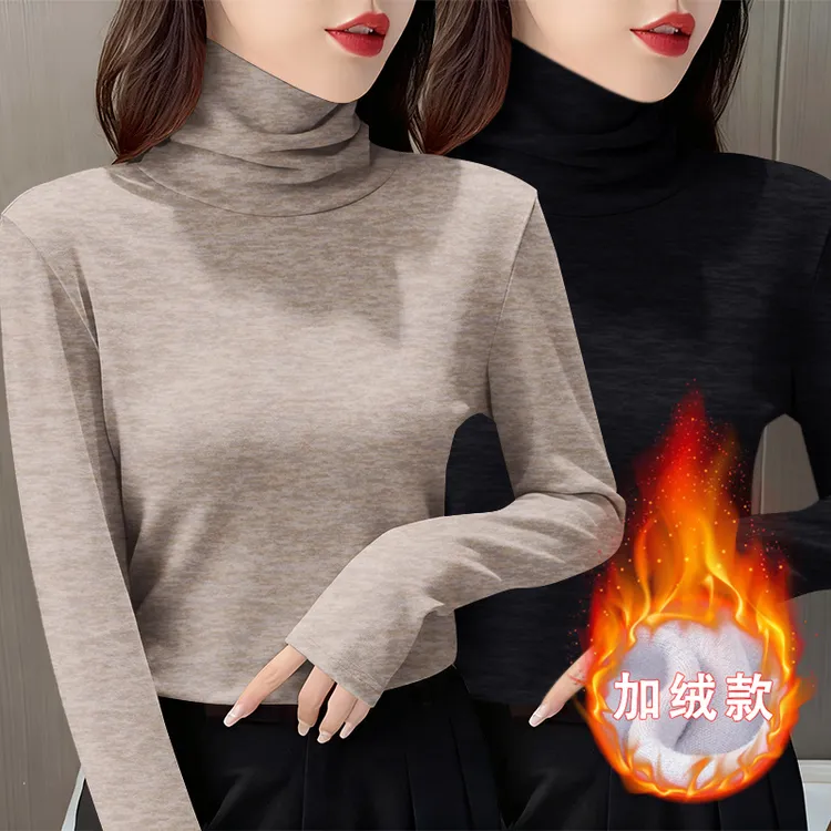 2025秋冬新款加绒堆堆领打底衫女士上衣薄绒长袖修身内搭加厚T恤
