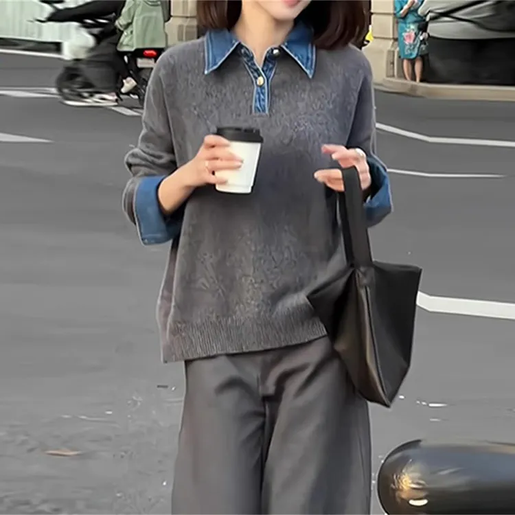 韩系chic假两件针织衫女秋冬别致气质慵懒风牛仔拼接上衣长袖毛衣