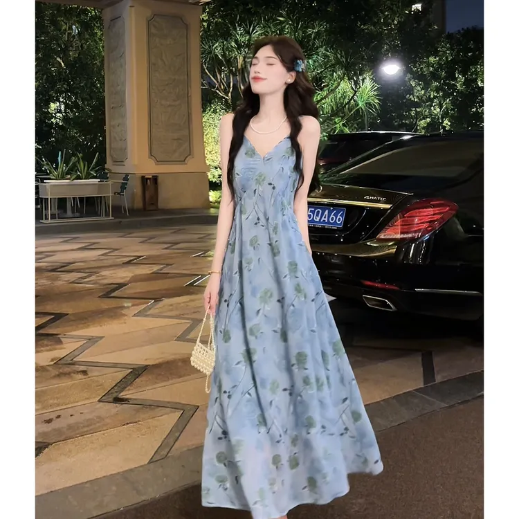 【有口袋】吊带连衣裙女夏季2025新款仙女气质显瘦收腰长款裙子7002
