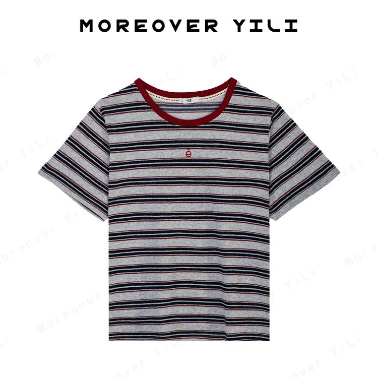 Moreover YiLi韩系2025新款夏季egg条纹刺绣短袖女百搭圆领T恤