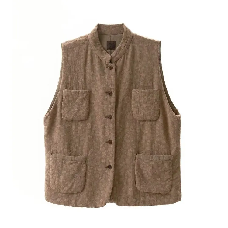 涟香家左岸迷香马甲6008夹棉马夹花点棉麻做旧立领宽松文艺舒适