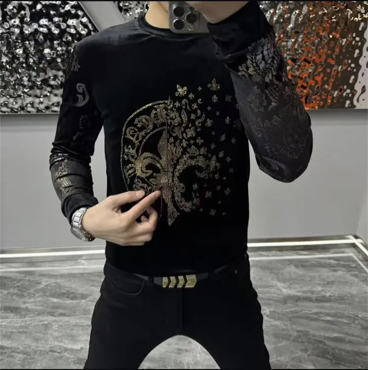 欧洲站秋季新款男士金丝绒卫衣圆领时尚潮牌上衣高端烫金花袖体恤