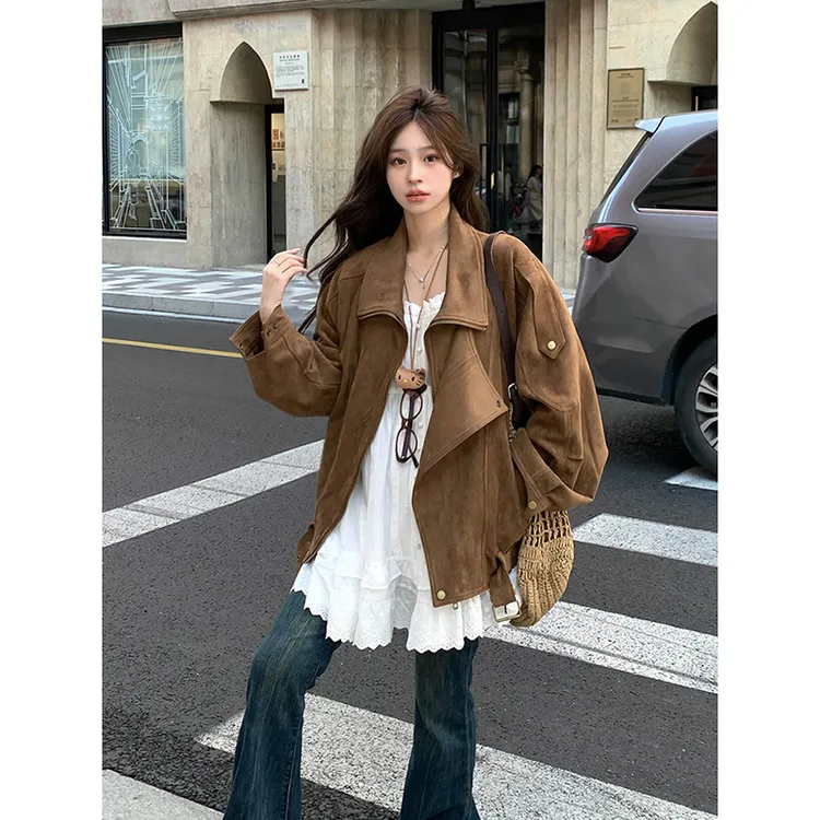 韩版麂皮绒机车外套秋季复古美拉德休闲宽松慵懒翻领廓形感夹克女
