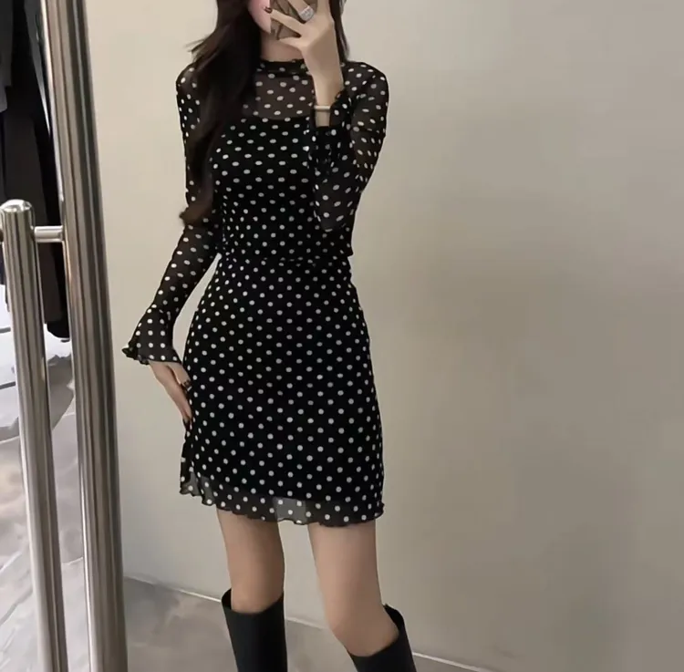 长袖圆领修身波点连衣裙女时尚显瘦气质网纱裙子初秋新款裙子2025