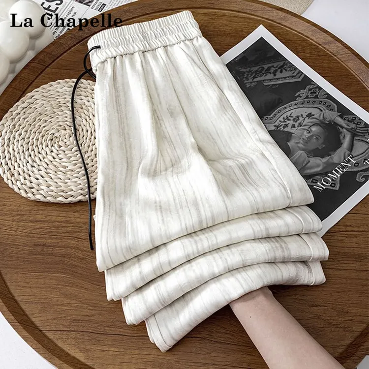 La Chapelle/无货冰丝水墨印花休闲阔腿裤女夏季直筒拖地裤