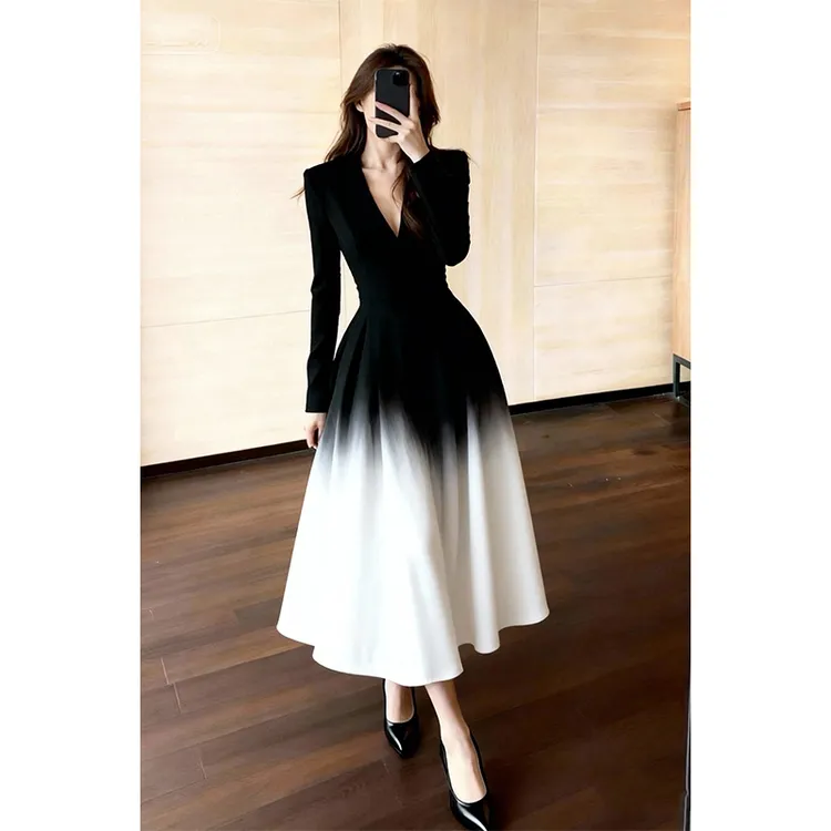 重要场合漂亮御姐感绝美巨显身材小香风收腰黑色晕染渐变连衣裙女