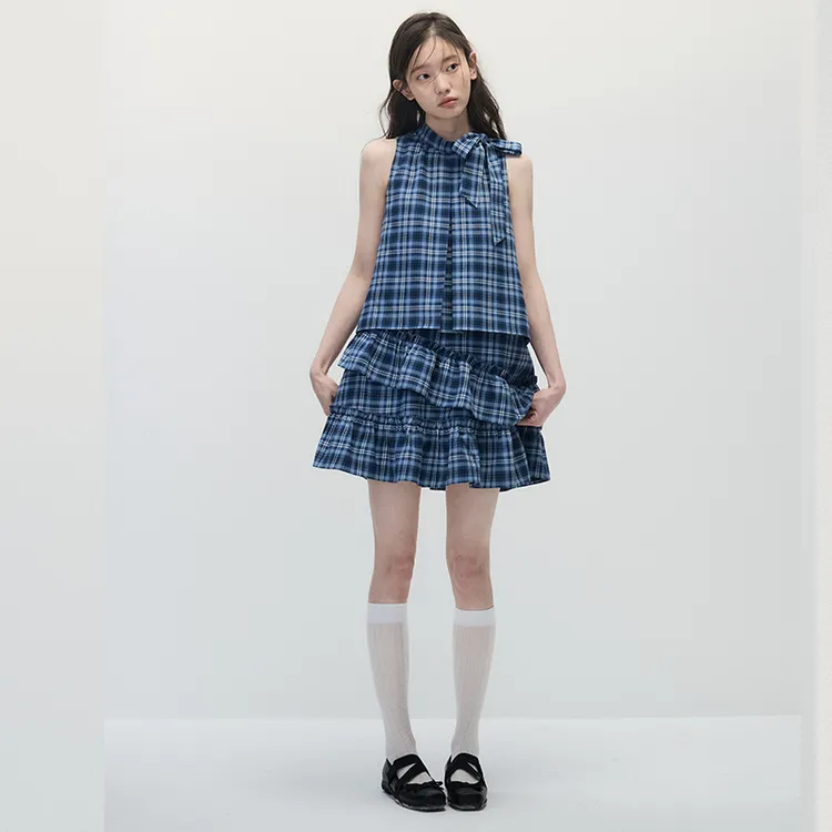 不眠海 夏季蓝色格纹宽松显瘦无袖荷叶边蛋糕连衣裙女