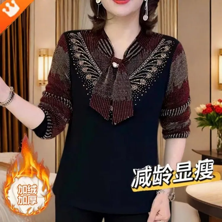 冬季加绒提花网纱打底衫长袖胖mm大码宽松显瘦洋气减龄假两件上衣