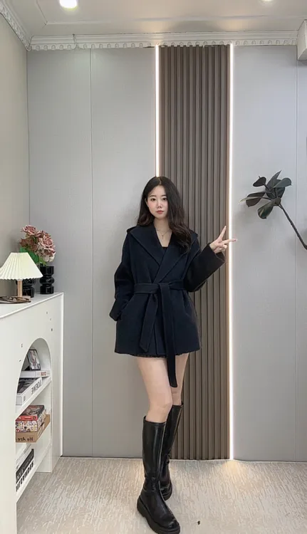 2025新款女装轻奢韩版中长款海军领腰带山羊绒羊毛大衣518