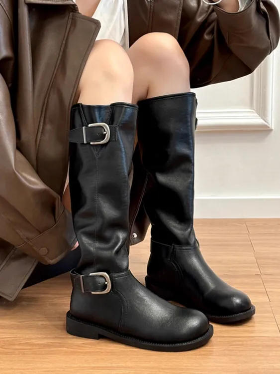 森唔~黑色厚底英伦风皮带扣中筒堆堆靴骑士靴女复古圆头长筒靴女
