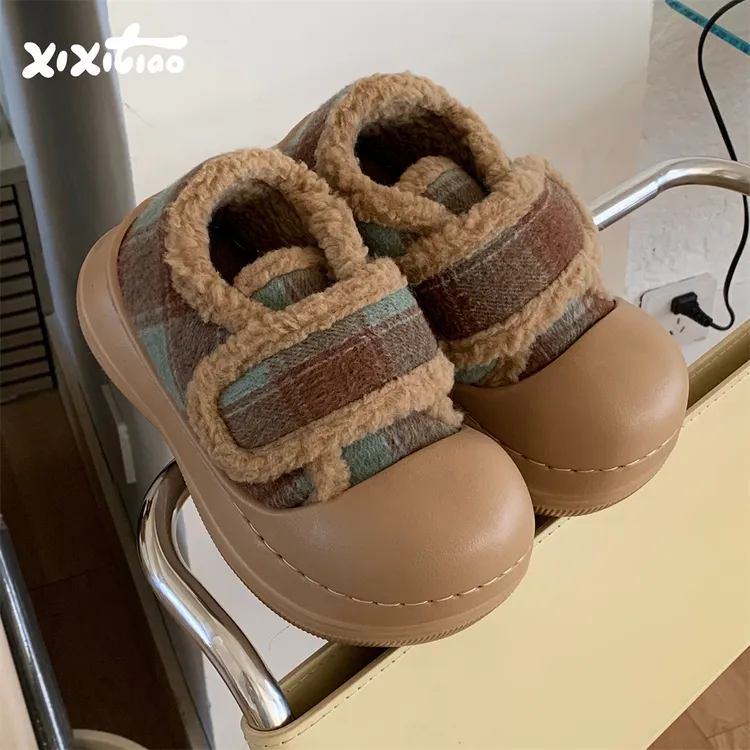 细细条 小众撞色格子魔术贴毛毛鞋女时尚防滑厚底冬季面包鞋棉鞋