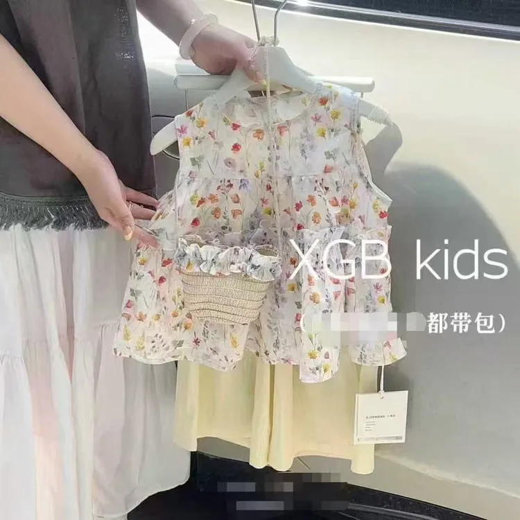 套头公主风碎花休闲风女夏季套装女童无袖带包