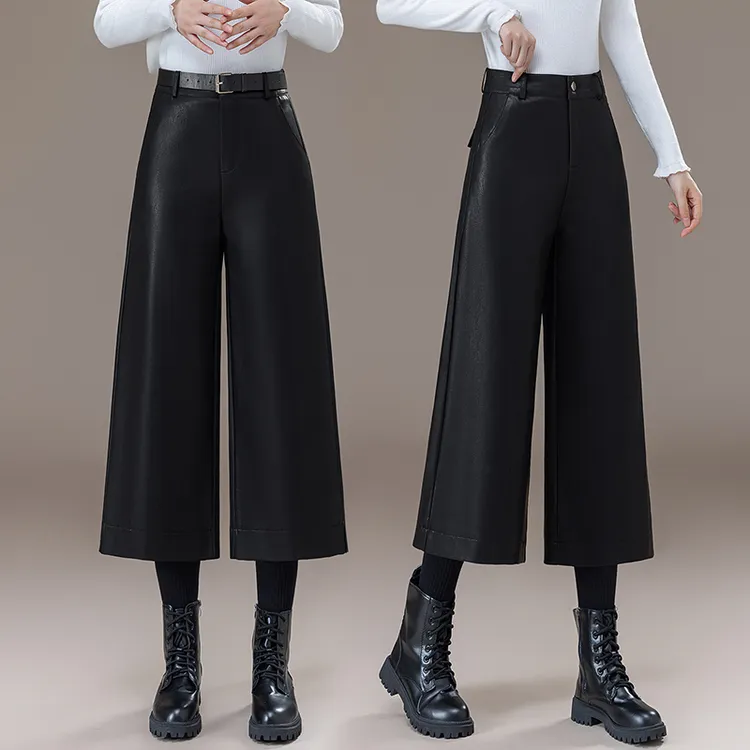 八分阔腿裤海宁绵羊皮皮裤女2025秋冬款外穿宽松高腰直筒休闲裤子