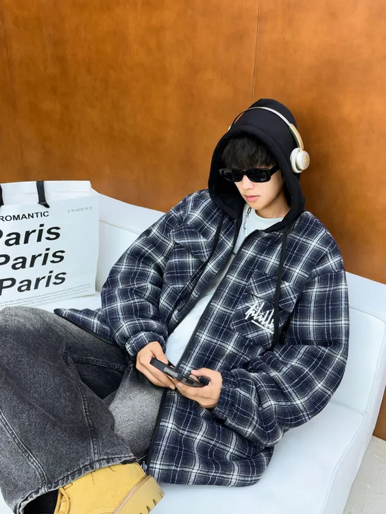 青少年男童拉链开衫港风时尚潮两面穿格子外套儿童加棉加绒秋冬