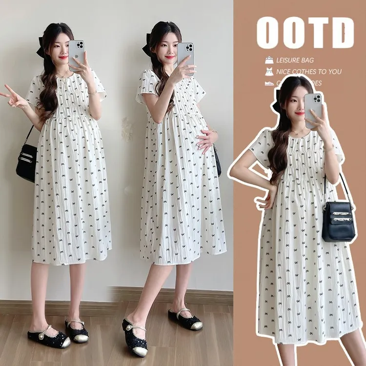 孕妇连衣裙短袖点点宽松显瘦遮肚减龄中长2025新款夏圆领潮妈涤纶