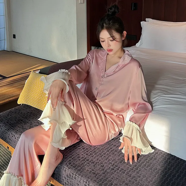 白茶粉春秋款贡缎睡衣女木耳边冰丝简约高级感家居服夏