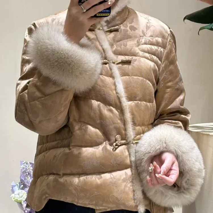 秋冬季新中式香云纱真丝100%提花面料白鸭绒棉服外套