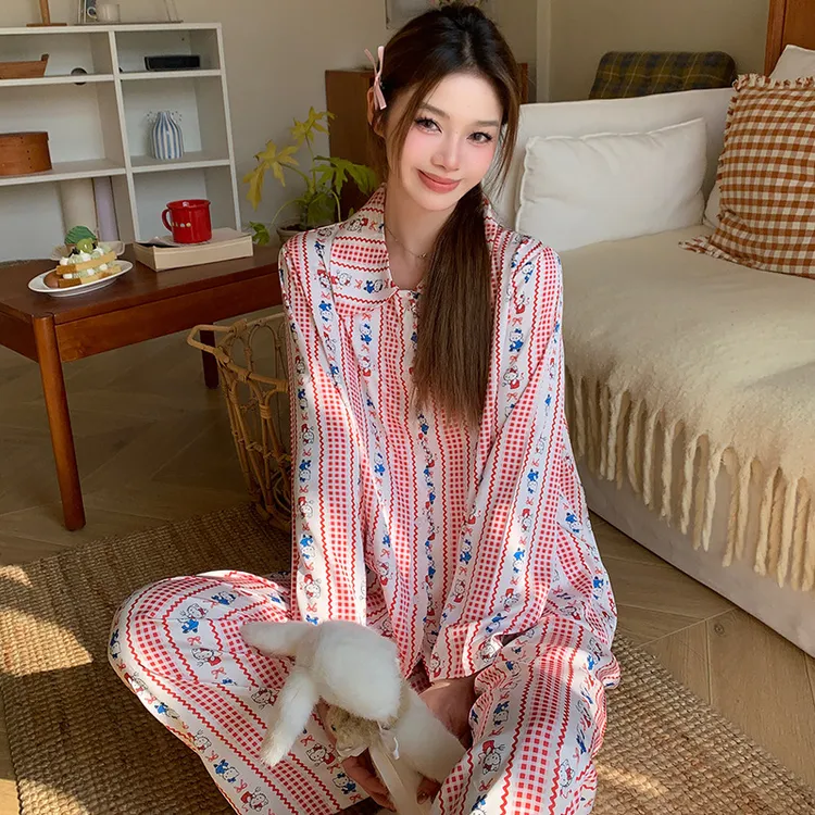 FORYOURS红色Kitty睡衣长袖长裤可爱卡通印花套装甜美春夏家居服