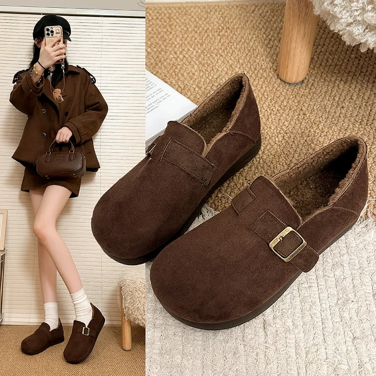 加绒厚底勃肯鞋女2025冬新款舒适保暖懒人一脚蹬豆豆鞋外穿毛毛鞋商品图