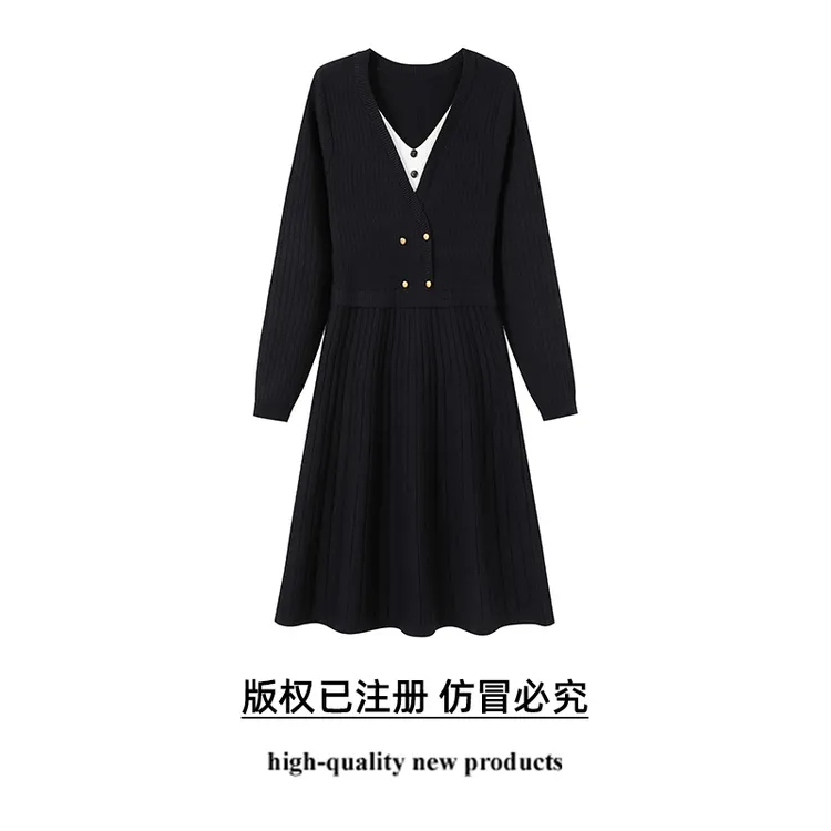 奢姿【私服定制】大码女装2025气质V领假两件连衣裙胖妹妹时尚针织