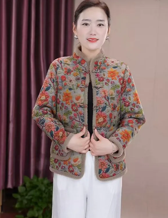 2025秋冬新款加绒加厚带毛边棉衣长袖碎花妈妈装盘扣向阳花外套