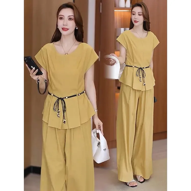 时尚套装女2025夏季新款洋气显瘦短袖上衣高腰阔腿裤气质两件套潮