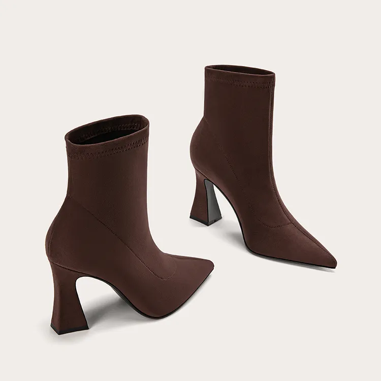 高跟短靴女2025秋冬季新款粗跟尖头小众百搭短筒时尚弹力瘦瘦靴子